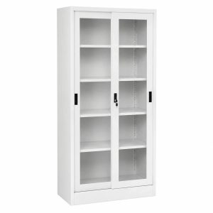 White Metal Storage Cabinet with Sliding Glass Doors